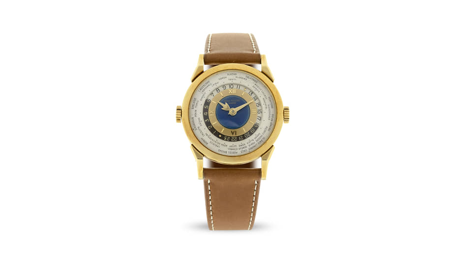 Patek Philippe, часы с мировым временем rеf. 2523, созданные в начале 1950-х. Их редкость зависит, в частности, от рисунка эмалевого циферблата. Схожие часы были проданы в Женеве на Phillips в 2021 году за $7,8 млн