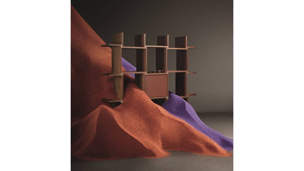 Стеллаж Jamais Content, дизайн Марка Феррана, Bottega Ghianda. Инсталляция The Sahel Desert Essence