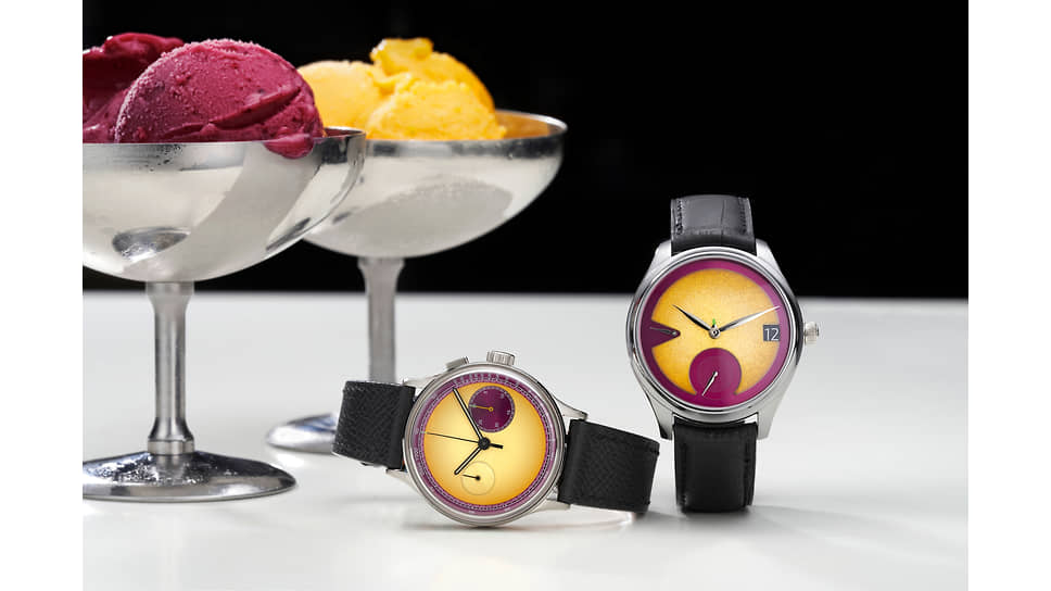 Studio Underd0g X H. Moser &amp; Cie. Passion Fruit Watches: Studio Underd0g 03SERIES Passi0n Fruit и H. Moser &amp; Cie. Endeavour Perpetual Calendar Passion Fruit (справа)