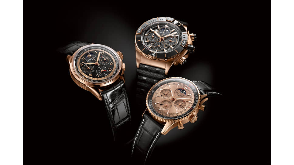 Breitling показал три модели, посвященные своему 140-&amp;zwj;летию (слева направо): Premier B19 Datora 42 140TH Anniversary; Super Chronomat B19 44 Perpetual Calendar 140TH Anniversary; Navitimer B19 Chronograph 43 Perpetual Calendar 140TH Anniversary