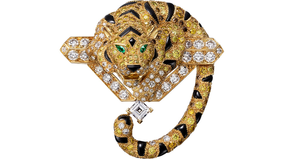 Cartier, брошь Tiger, желтое золото, оникс, изумруды, желтые, оранжевые, коричневые и бесцветные бриллианты