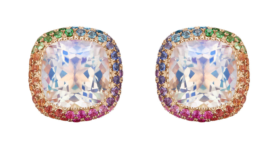 Серьги Mercury Bonbons из белого золота с радужным лунным камнем, сапфирами, цаворитами и топазами