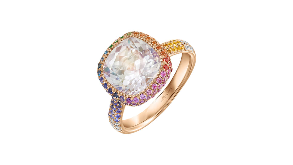 Кольцо Mercury Bonbons из розового золота с радужным лунным камнем, сапфирами, цаворитами и топазами