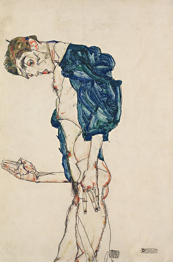 Эгон Шиле. &quot;Проповедник (Обнаженный автопортрет в голубой рубахе)&quot;, 1913 год 