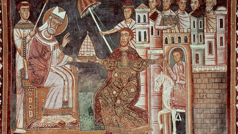 «Сильвестр I получает от Константина Великого знаки папской власти». Фреска в монастыре Санти-Кватро-Коронати в Риме, XIII век
