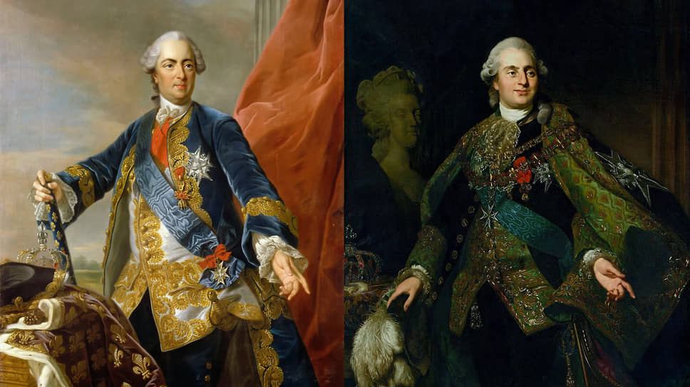 Слева направо: Луи Мишель Ван Лоо. «Король Франции Людовик XV»,
XVIII век; Александр Рослин. «Король Франции Людовик XVI в
костюме ордена Святого Духа», 1782–1783